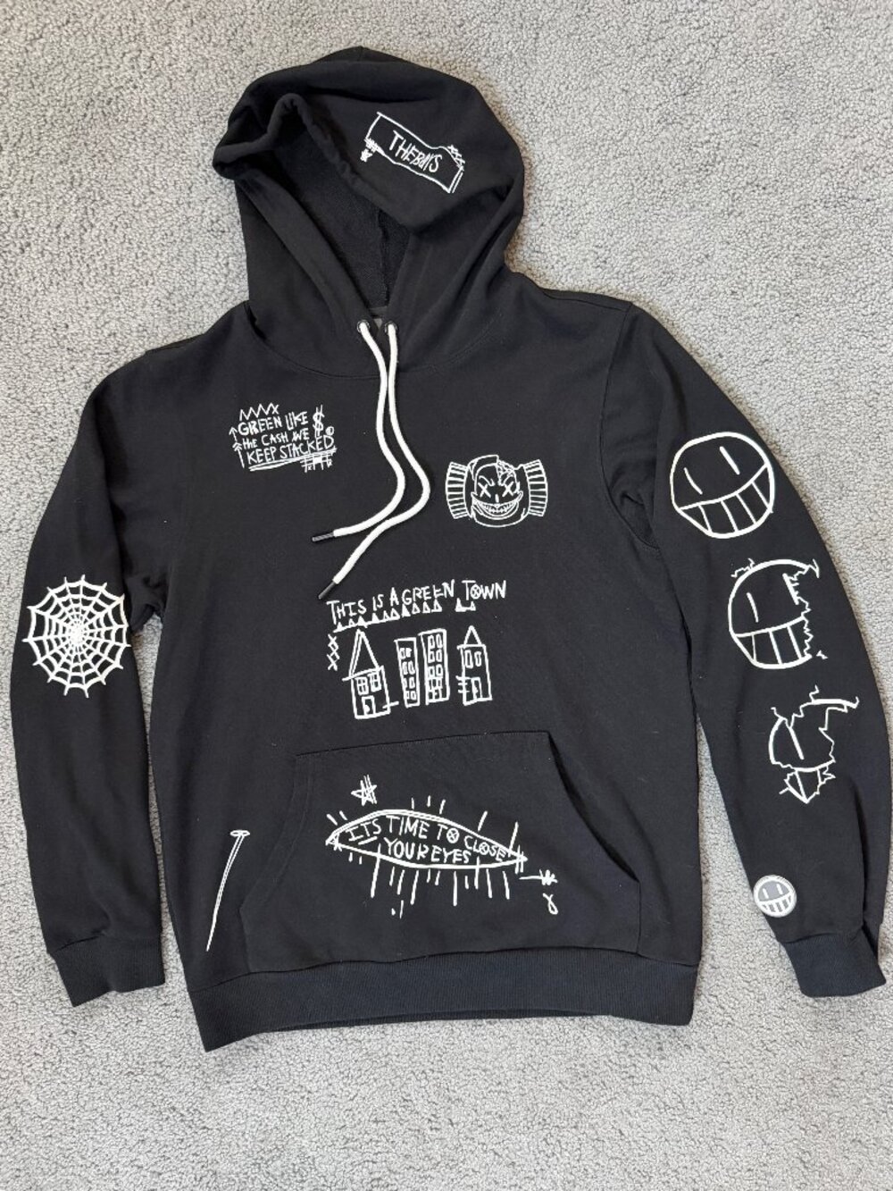 The Boys Green Town Graphic Hoodie Black Doodle Print - Size Medium - Skater EUC